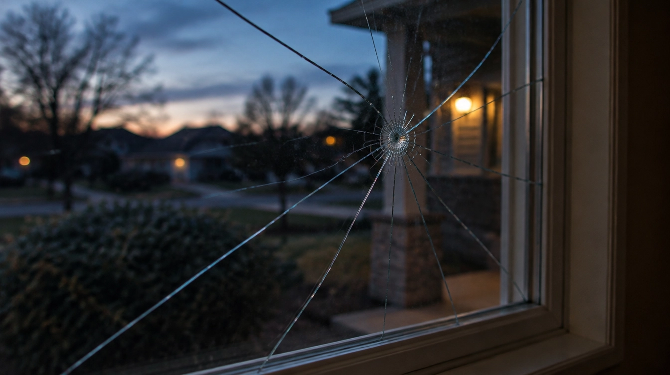 Cracked window pane with an impact point, seen at dusk