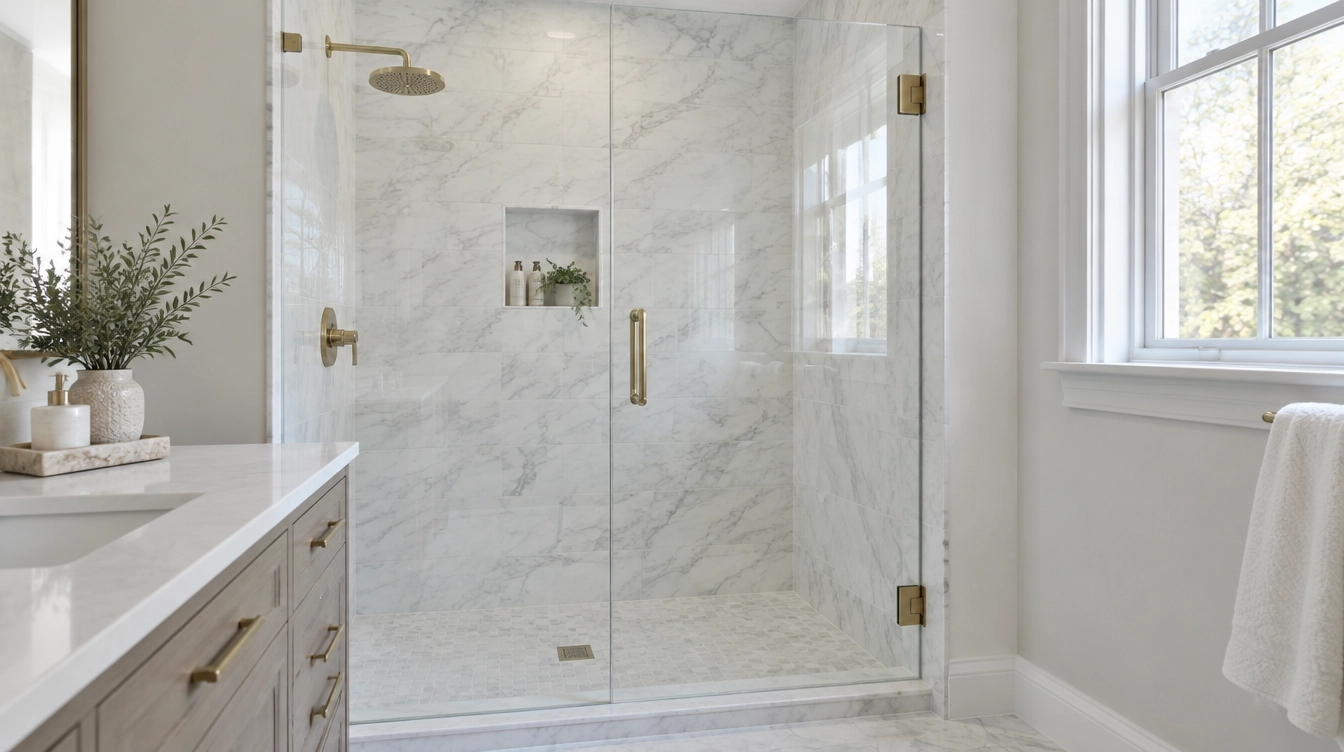 Frameless glass shower door with brass hinges on a marble walk-in shower