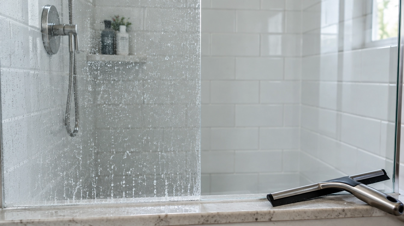 Hard water spots on a glass shower door with a squeegee resting on the ledge