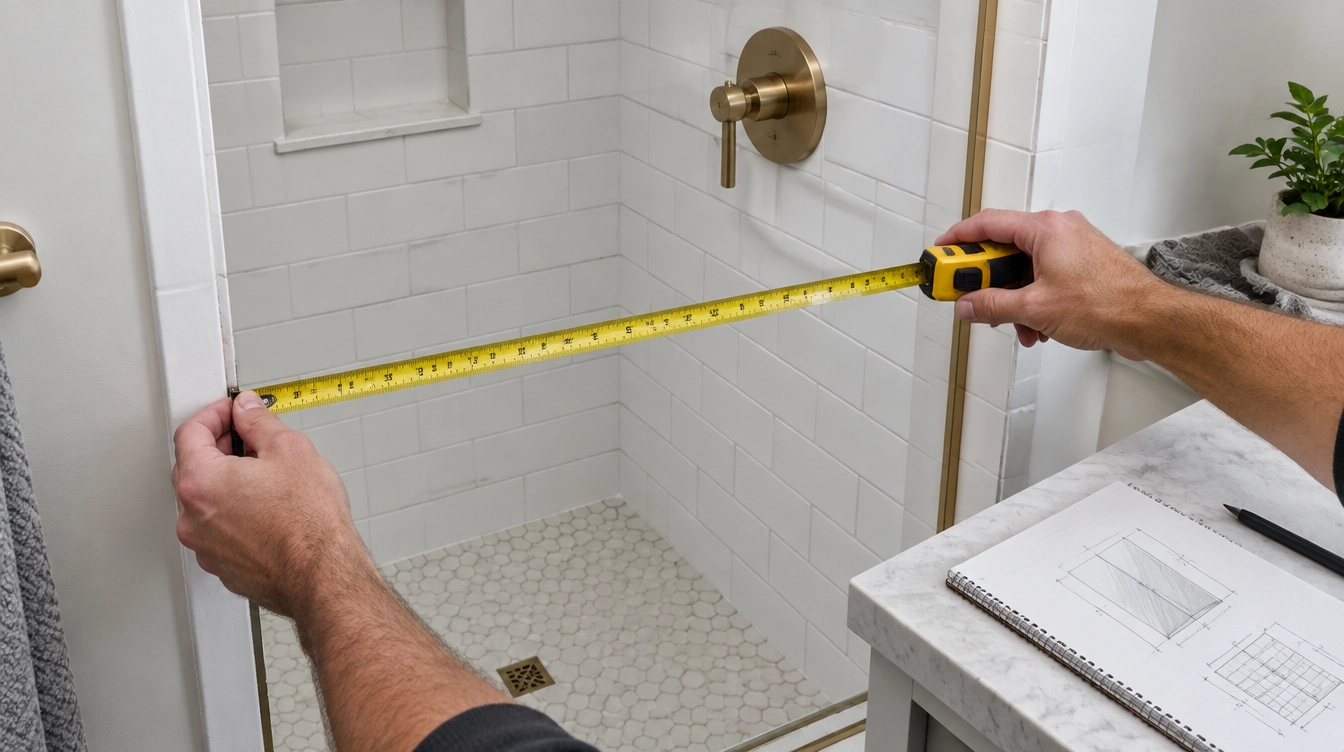 Installer measuring a tiled shower opening with a tape measure for a custom glass enclosure
