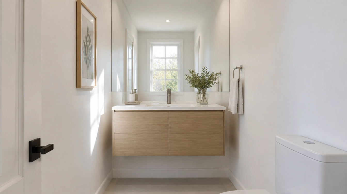 Small bright bathroom with a floating wood vanity, opened up by a large wall mirror