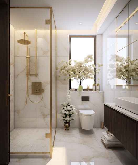 Marble bathroom with gold glass shower
