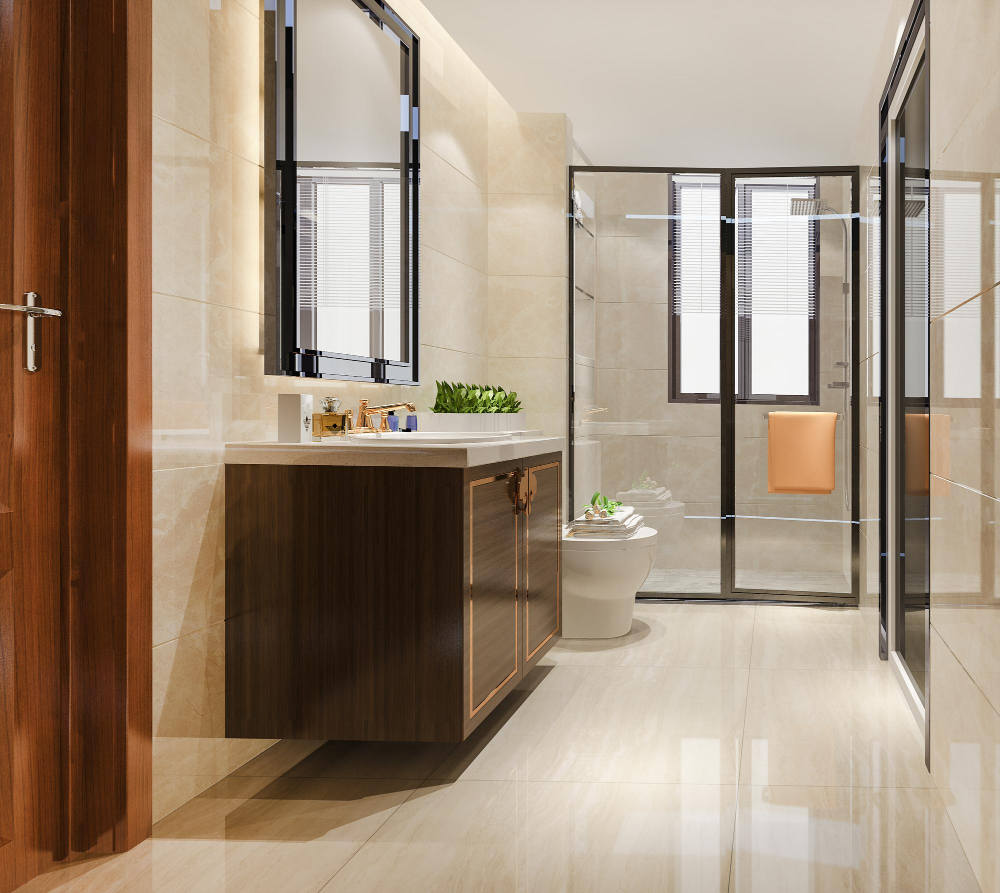 Luxury bathroom with dark wood vanity and glass shower enclosure