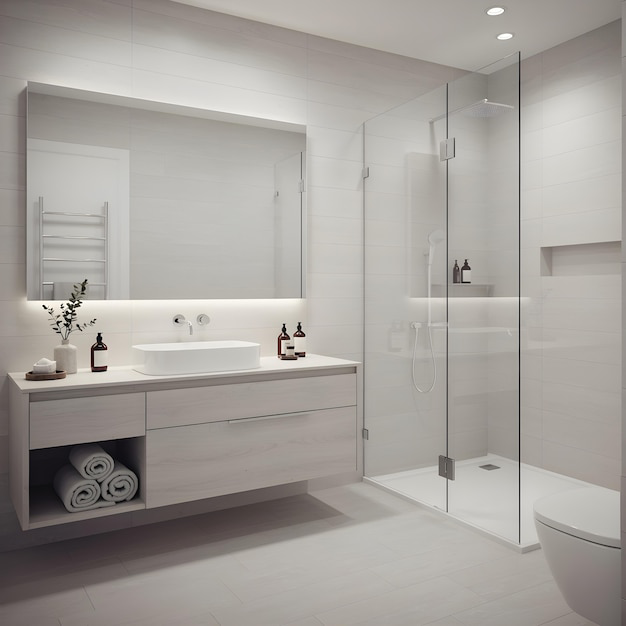 Minimalist white bathroom with floating vanity and glass shower