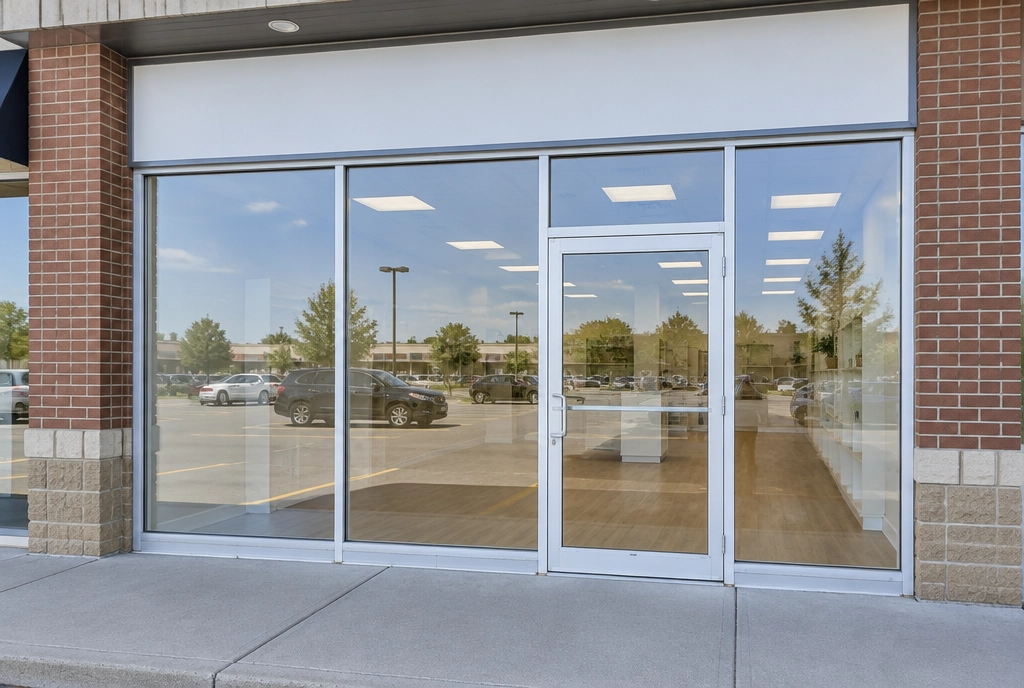 Commercial storefront with aluminum-framed glass windows and a glass entry door