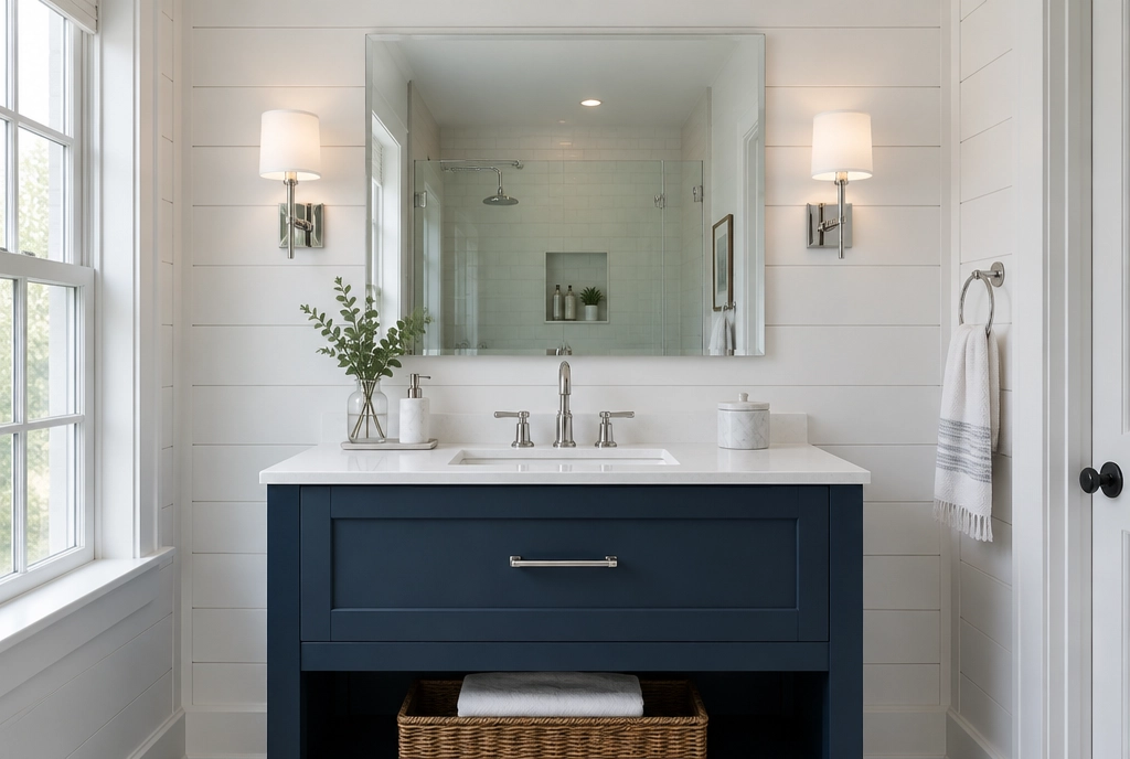 Custom mirror above a navy bathroom vanity with wall sconces on white shiplap