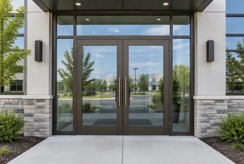 Commercial building entrance with dark-framed glass double doors and transom
