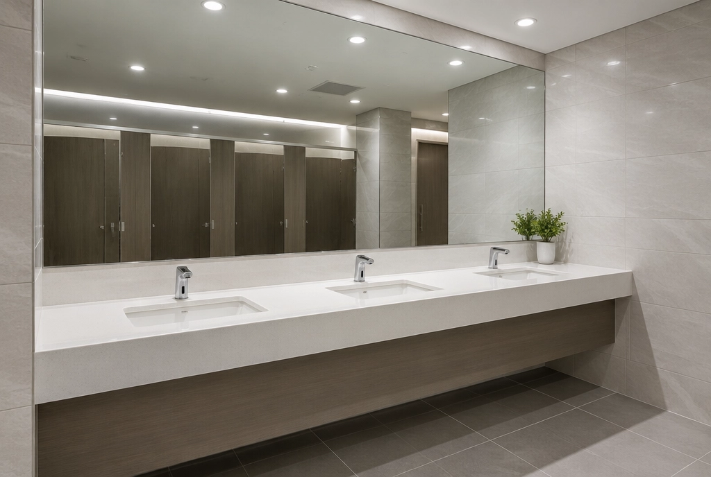 Full-width wall mirror above a long vanity in a commercial washroom