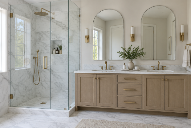 Frameless corner glass shower with brass fixtures next to a double vanity with arched mirrors