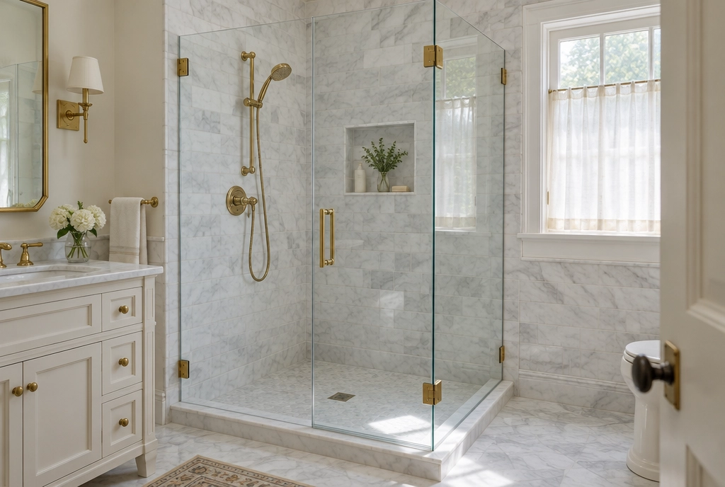 Corner glass shower with marble walls and brass hardware