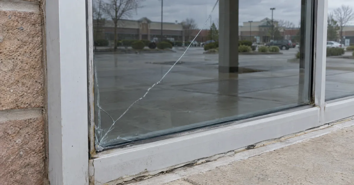 Cracked storefront window with worn sealant along the bottom of the frame, facing a plaza parking lot