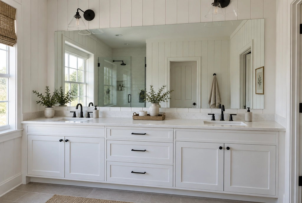 Wide custom mirror above a white double vanity