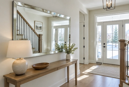 Large bevelled wall mirror above an entryway console table