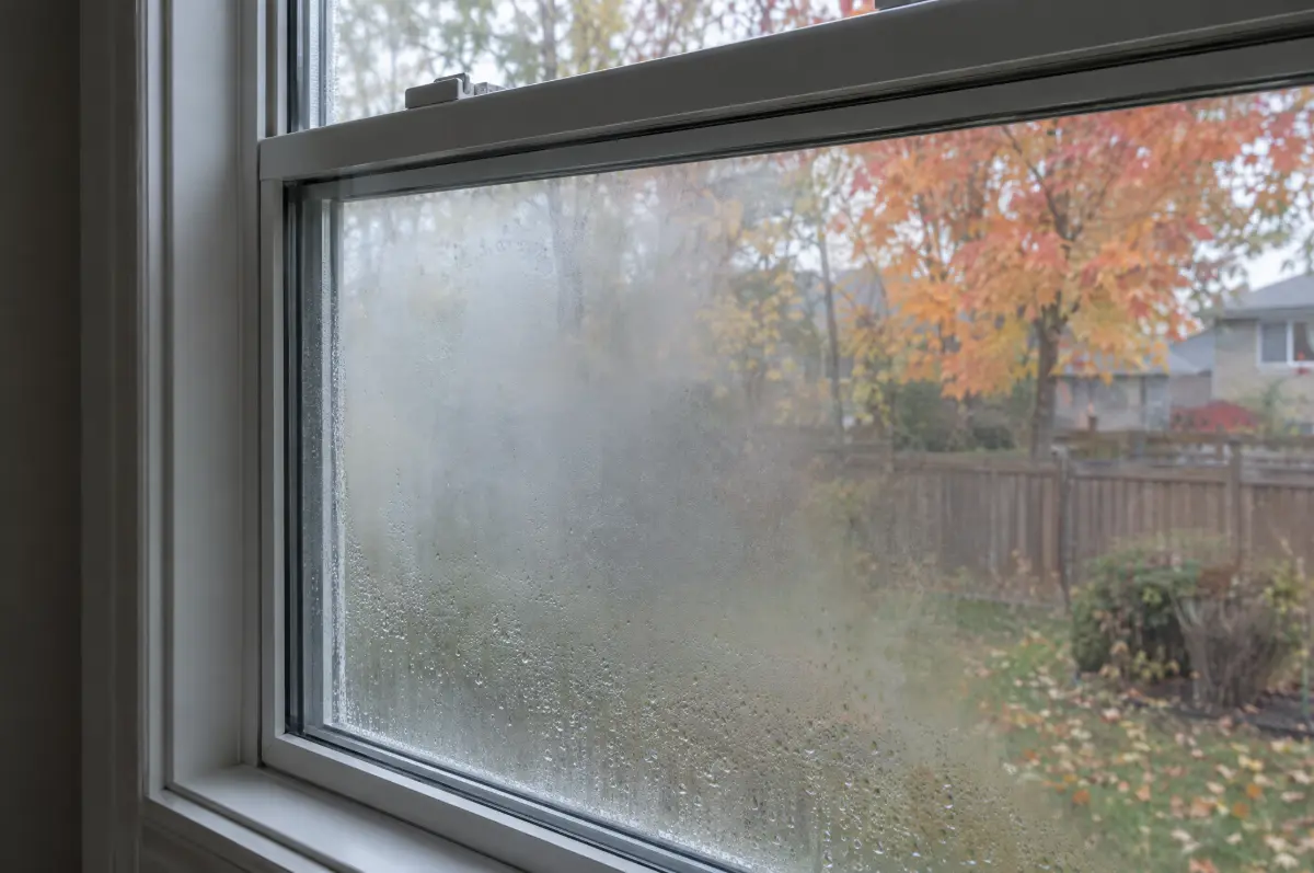 White vinyl double-hung window with fog and moisture trapped between the glass panes from a failed seal
