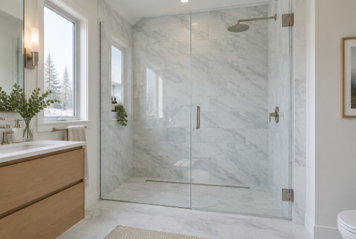 Frameless glass shower with a hinged door and marble-look walls next to a wood vanity