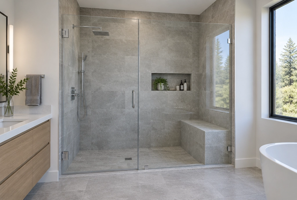 Frameless glass shower with grey stone tile, a built-in bench and wall niche