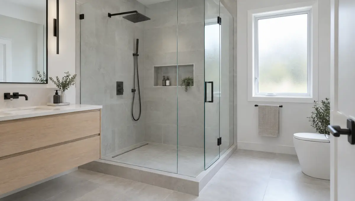Frameless glass shower with a hinged door, fixed panel and matte black hardware in a bright ensuite with grey tile