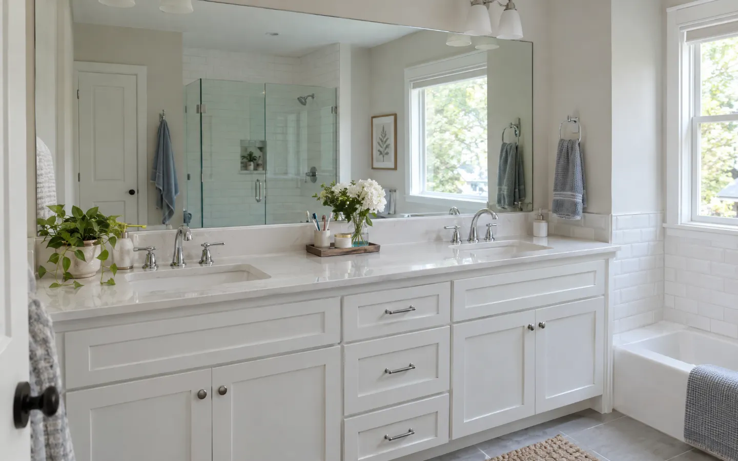 Wide frameless mirror over a white double-sink vanity, with a glass shower reflected in it