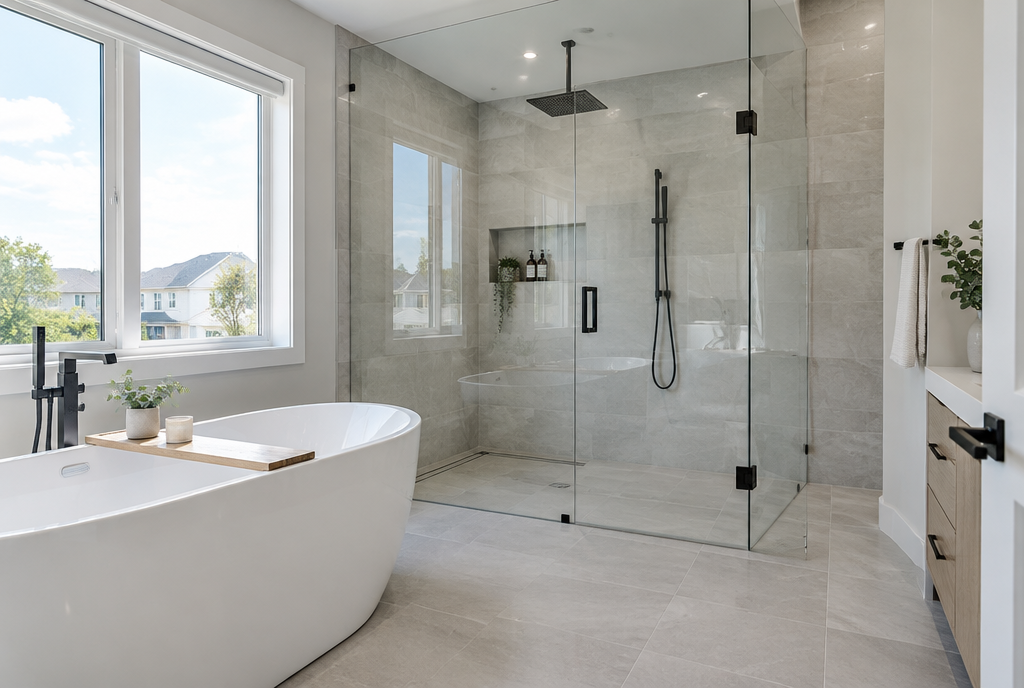 Bright bathroom with a frameless glass walk-in shower and black hardware beside a freestanding tub