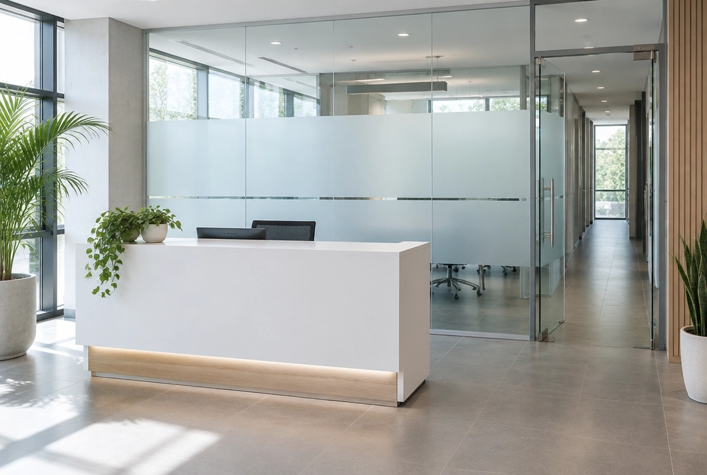 Office reception desk with a frosted glass partition wall