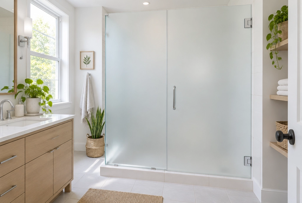 Frosted glass shower enclosure with a sliding door beside a wood vanity
