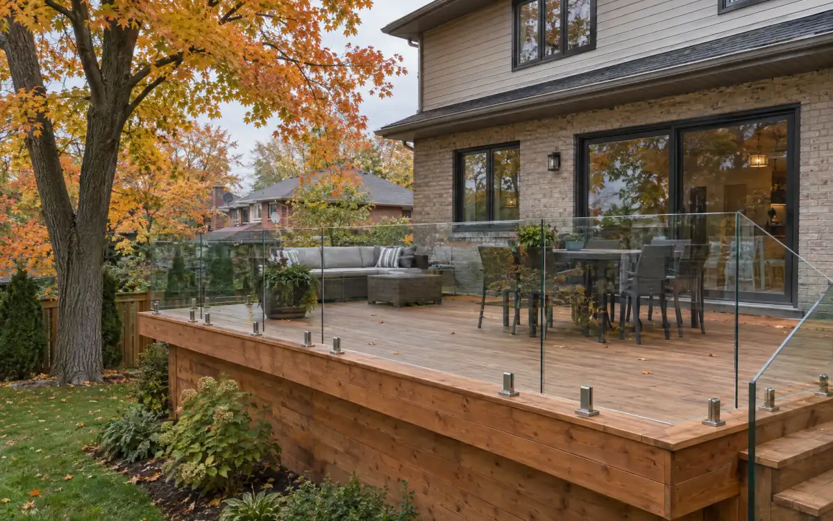 Frameless glass railing with stainless steel spigots around a raised wood deck behind a brick house