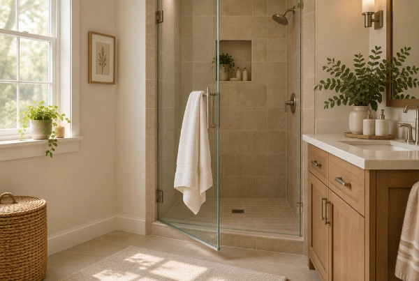 Glass shower door with beige tile walls in a sunny bathroom