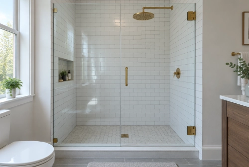 Frameless glass shower enclosure with brass hardware and white subway tile