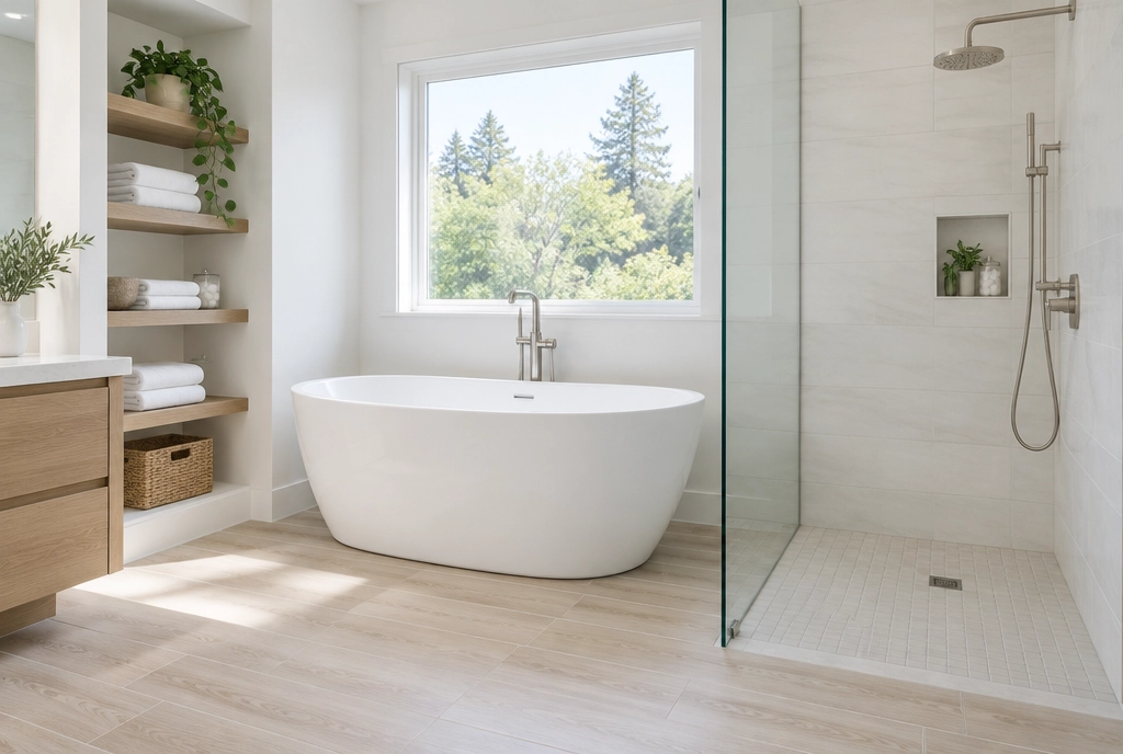 Bright bathroom with a glass shower panel next to a freestanding tub