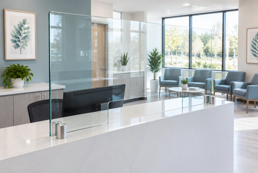 Clear glass sneeze guard on a reception counter in a bright waiting area