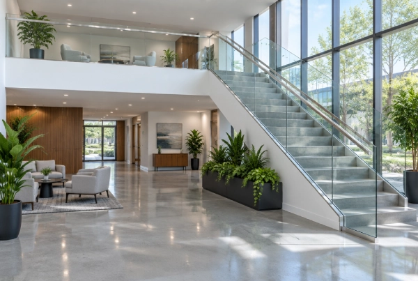 Office lobby with a glass staircase railing and floor-to-ceiling windows