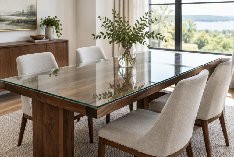 Wood dining table protected by a custom-cut clear glass top