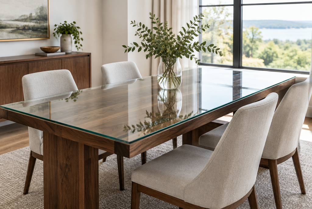 Wood dining table protected by a custom-cut clear glass top