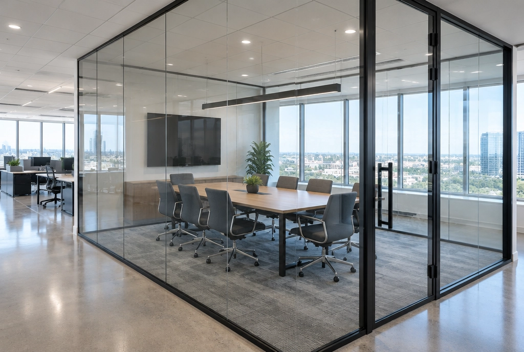 Office conference room enclosed by black-framed glass walls