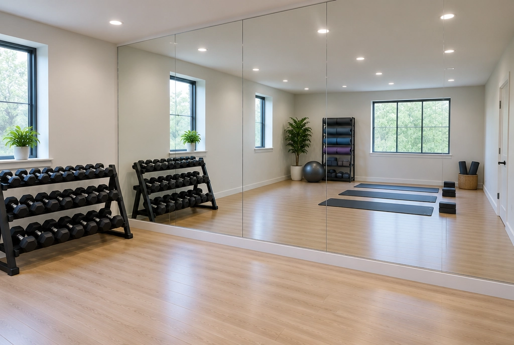 Fitness studio with floor-to-ceiling wall mirrors behind dumbbell racks