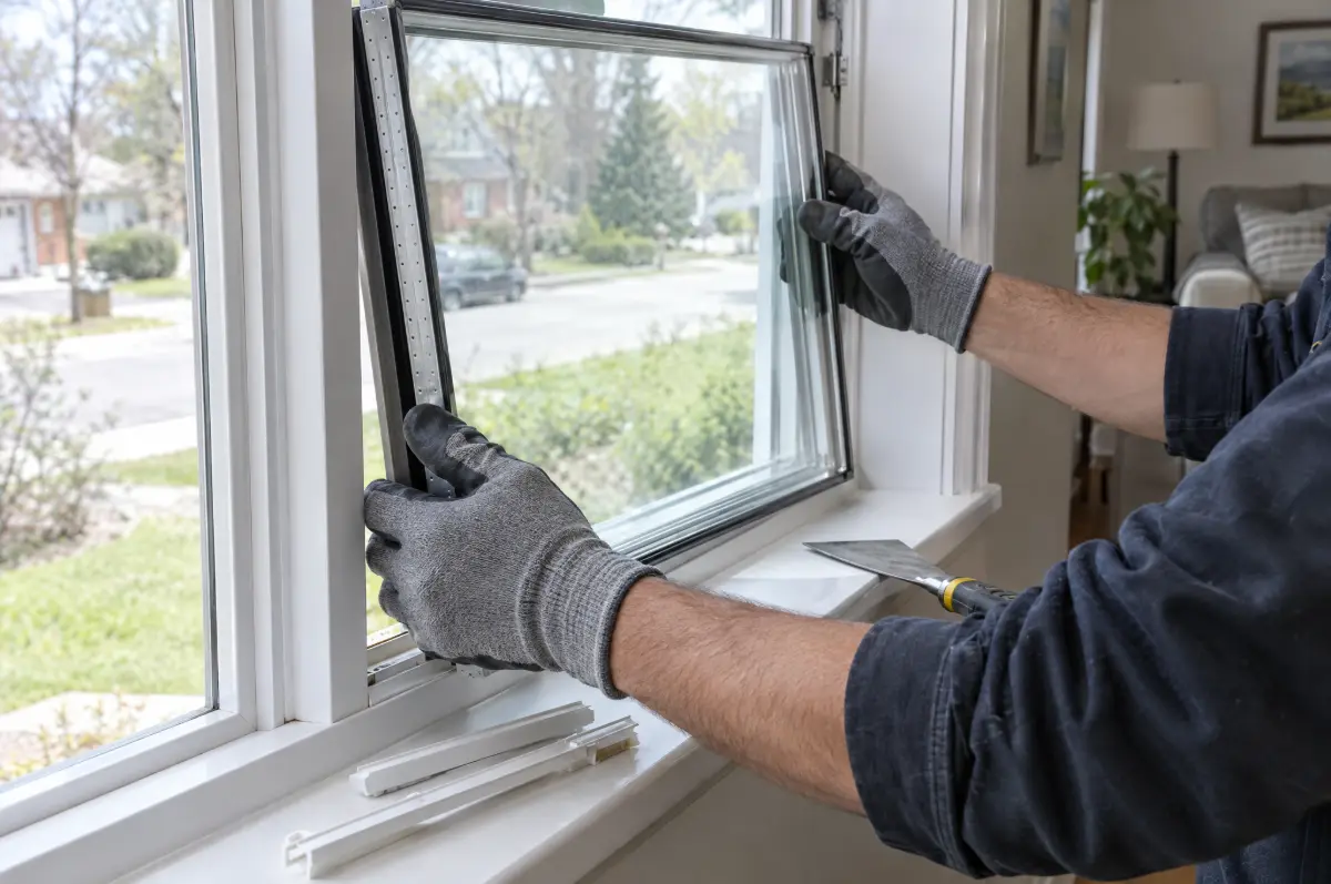 Gloved hands setting a new double-pane sealed glass unit into an existing white vinyl window frame