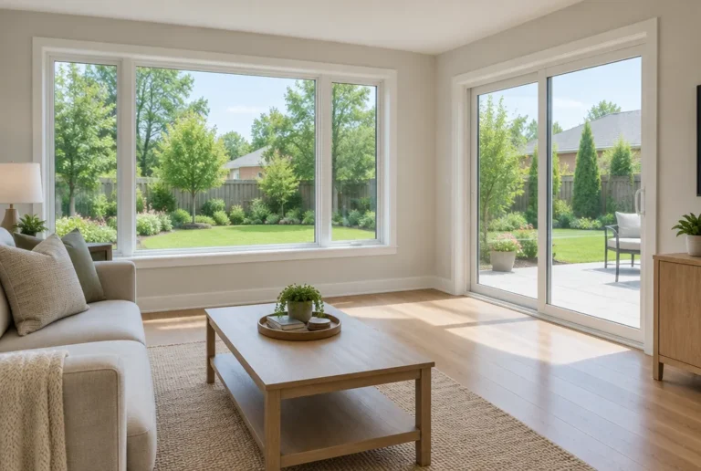 Living room with large picture windows and sliding glass patio doors overlooking the backyard
