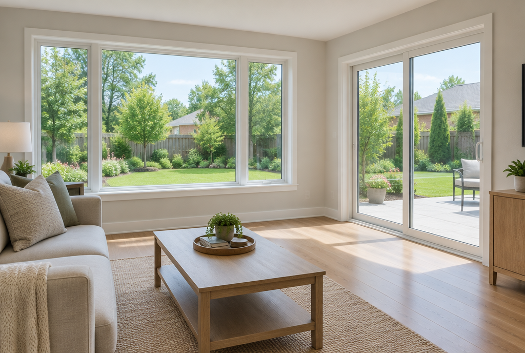 Living room with large picture windows and sliding glass patio doors overlooking the backyard