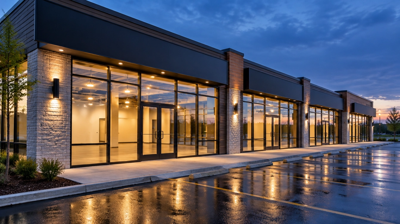 Retail plaza with lit glass storefronts at dusk