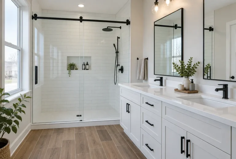 Sliding glass shower door with matte black hardware and white subway tile beside a double vanity