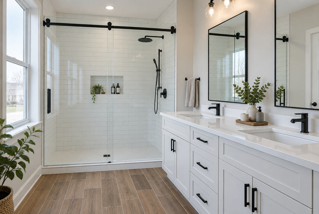 Sliding glass shower door with matte black hardware and white subway tile beside a double vanity