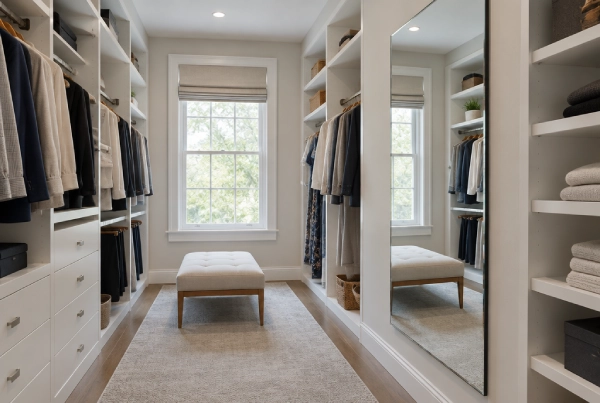 Walk-in closet with a full-length custom mirror panel