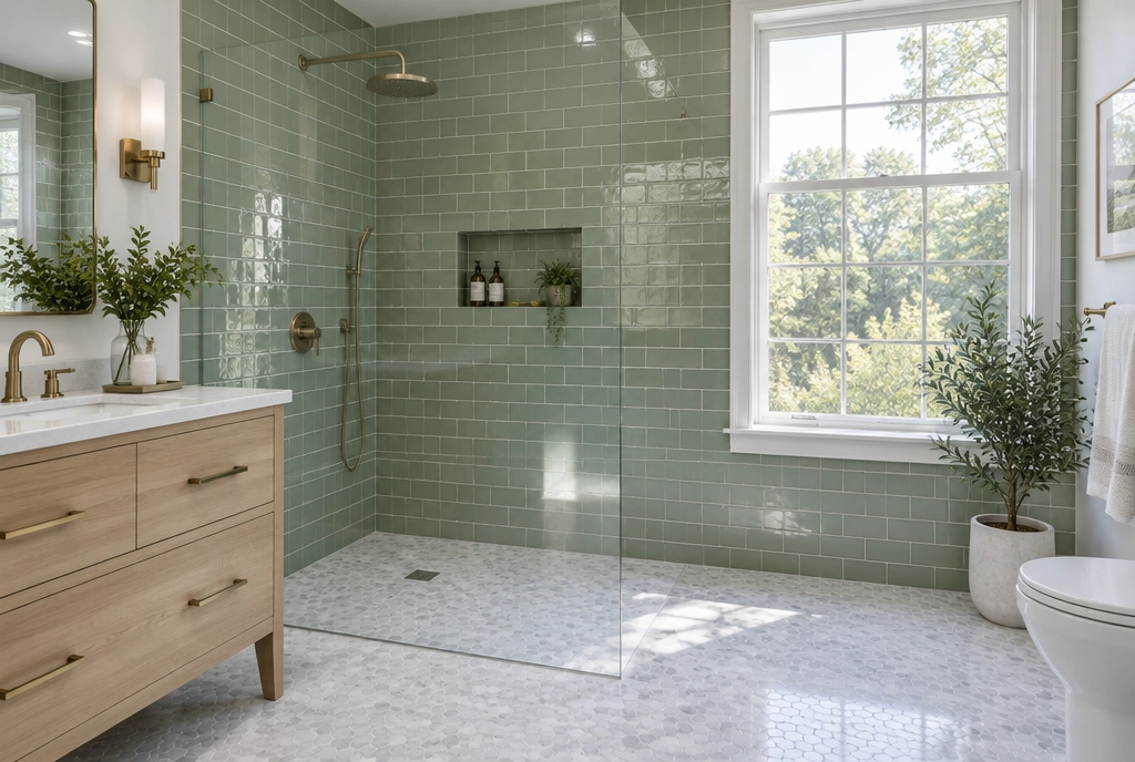 Walk-in glass shower with green subway tile and a wood vanity
